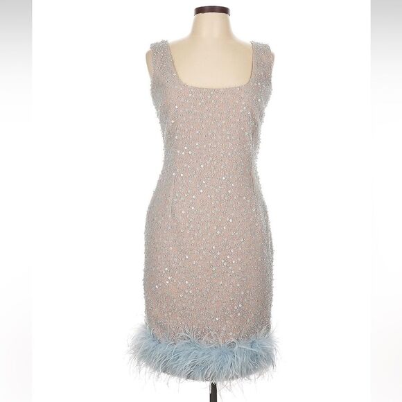Nadine Merabi Lulu sequin blue feather gown size large - Picture 2 of 8